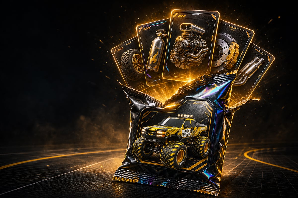 A glowing foil pack featuring the in-game Block Trucks truck and upgrade cards